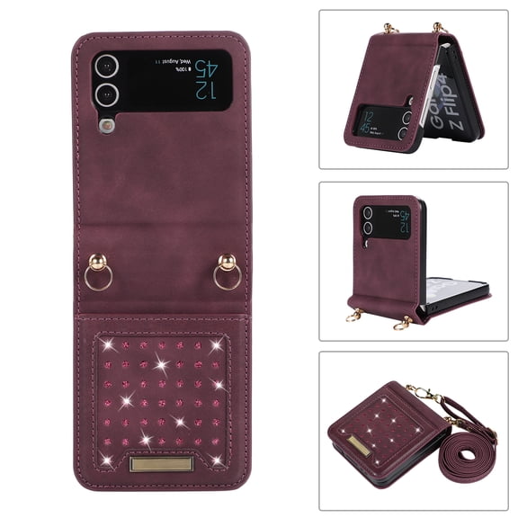 Feishell Crossbody Wallet Women Case for Samsung Z Flip4,[RFID Blocking] Credit Card Holder Phone Case with Strap,PU Leather Purse with Lanyard Bling Flip Cover for Samsung Galaxy Z Flip4, Wine Red