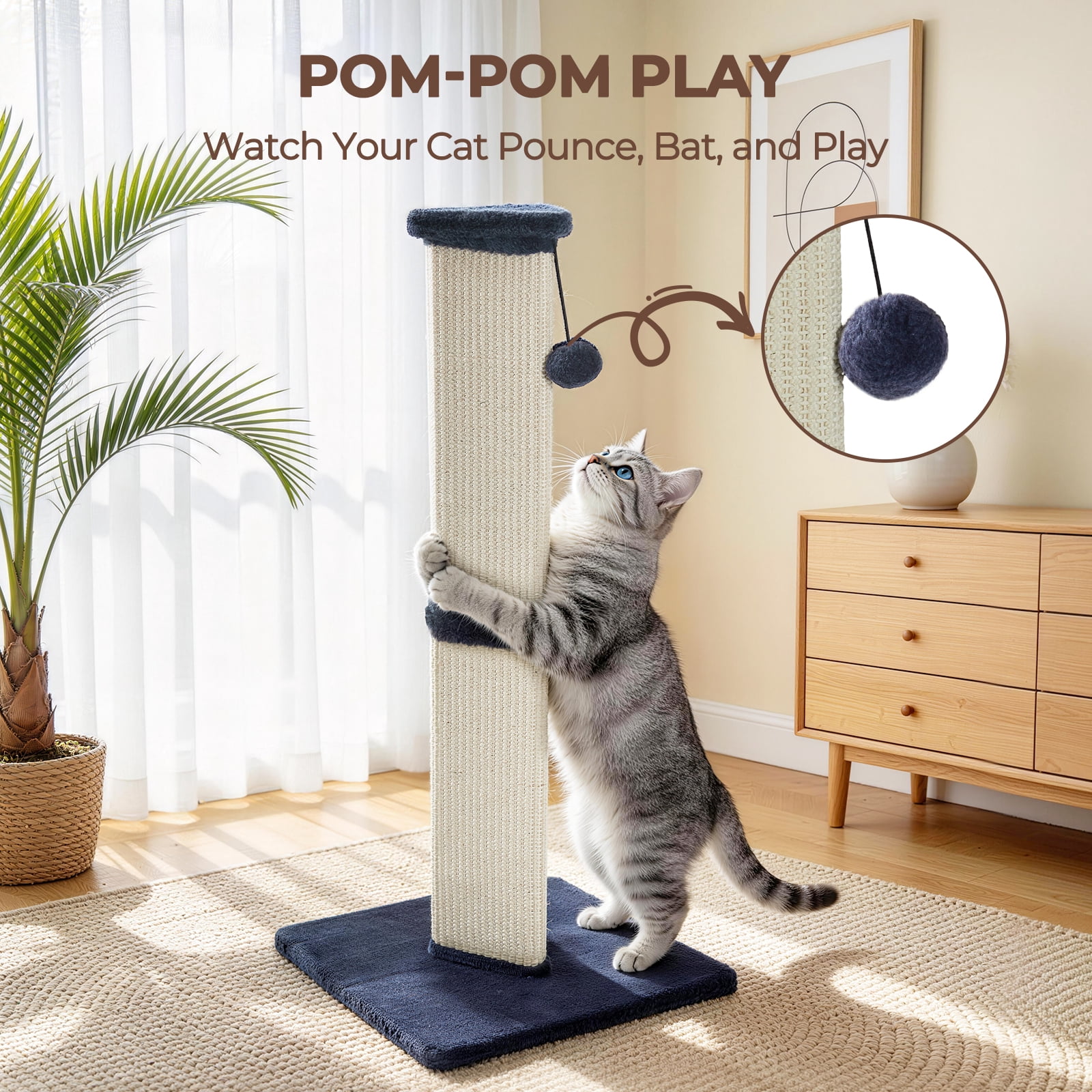 32" Tall Natural Sisal Cat Scratching Post for Indoor Sturdy Cat Scratcher with Plush Large Base, Green