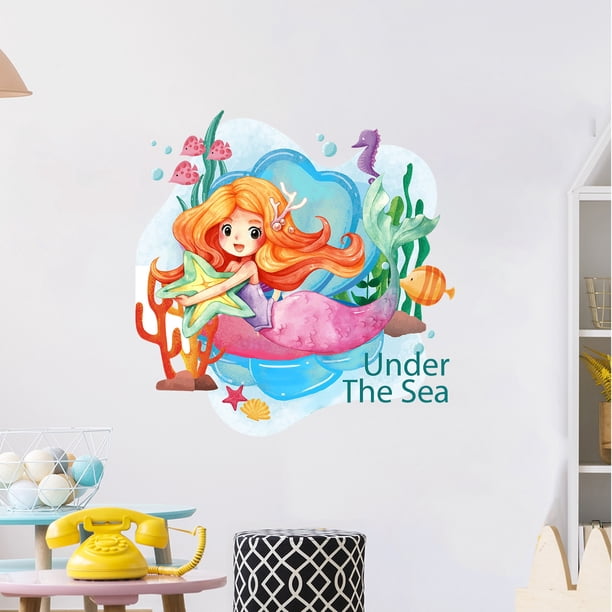 Adhesivos de pared con dibujos animados de sirenas bajo el mar