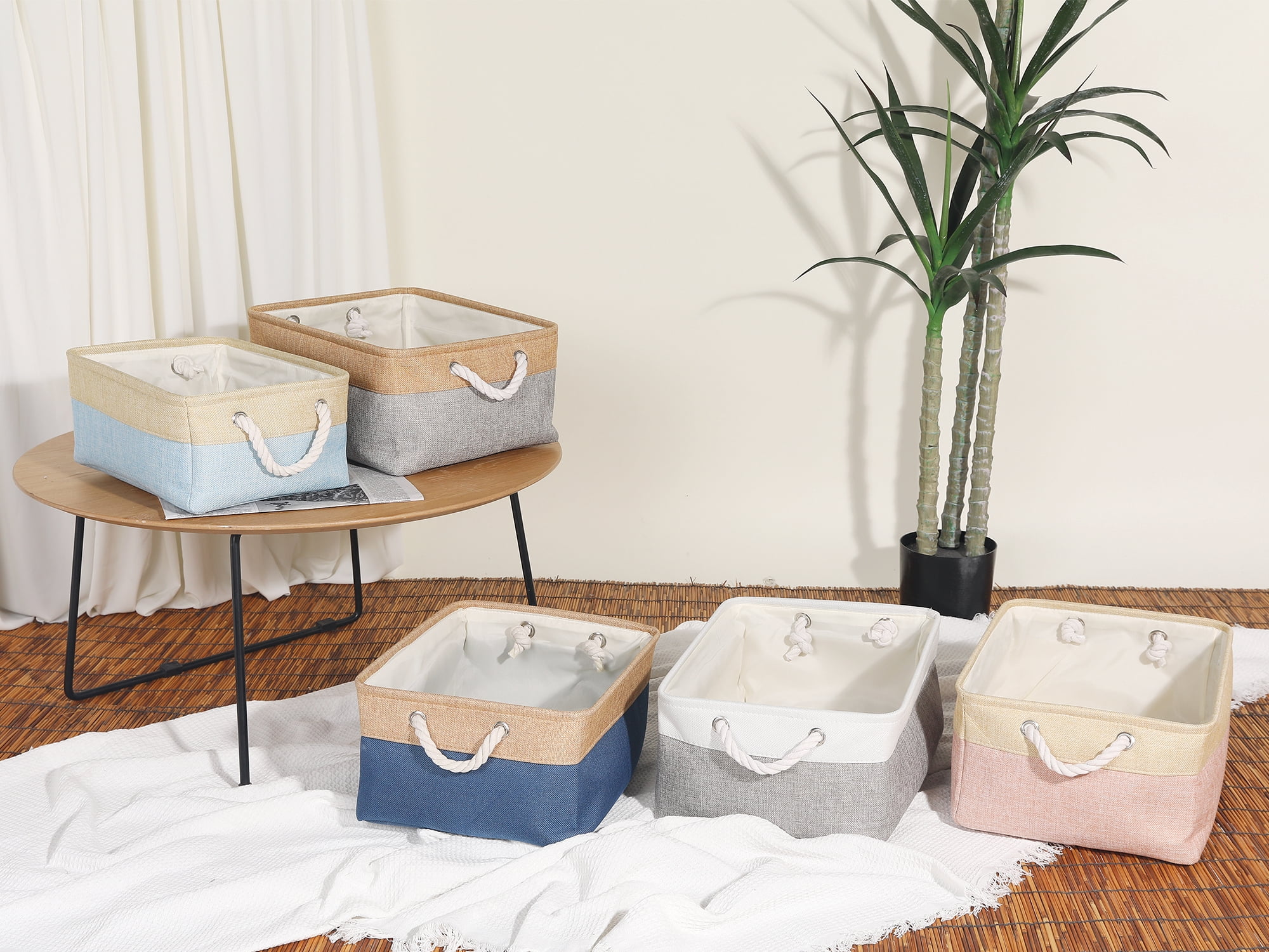 Unique Bargains Storage Bin with Handle Fabric Cube Light Blue/Brown 16*12.5*8in