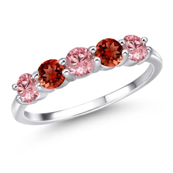 Gem Stone King 925 Sterling Silver Pink Lab Grown Diamond and Red Garnet Wedding-Bands Ring for Women | 1.49 Cttw | Round 4MM | Gemstone April Birthstone | Size 5