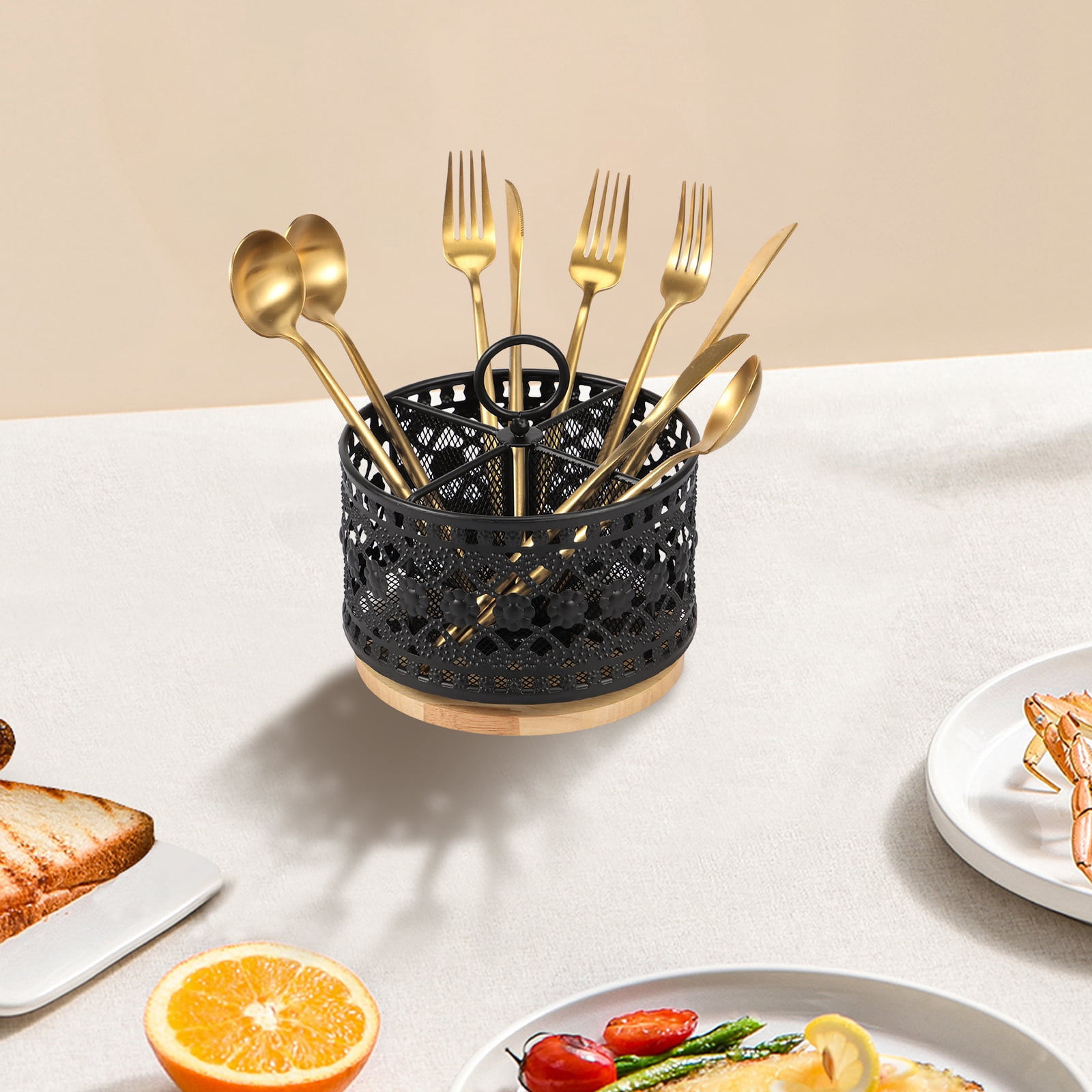 Tzdxfgl 360° Rotating Metal Utensil Holder for Countertop, 4 Compartment Silverware Organizer, Black