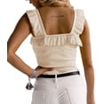 thumbnail image 3 of Summer Square Neckline Ruffle Strap Women Solid Slim Knit Camisole Tank Tops, 3 of 5