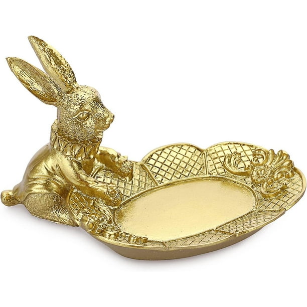 Bandeja para anillos de joyería , soporte para baratijas, bandeja decorativa para servir, estatua de conejito dorado (conejo sentado)