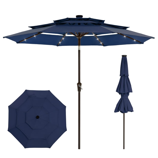 9ft Patio Umbrella with Solar Lights, 3-Tier Umbrella Outdoor Patio with LED Lights, Ventilation, Easy Crank & Tilt, 8 Sturdy Ribs, UV Protection, Large Patio Umbrella for Deck, Pool