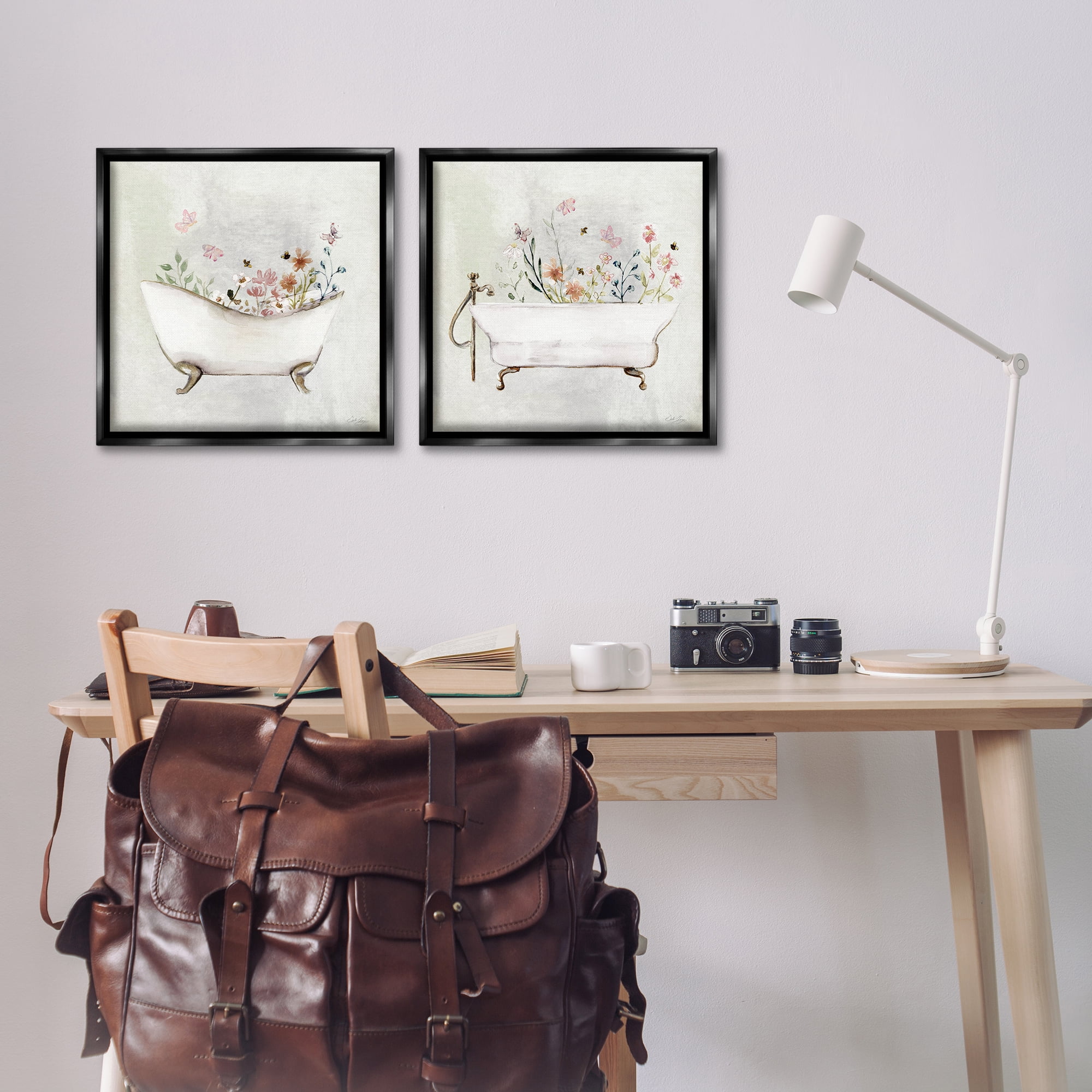 Stupell Industries Clawfoot Flower Garden Bees Bath & Laundry Painting Black Floater Framed Canvas Art Print Wall Art, 18 x 18, Set of 2