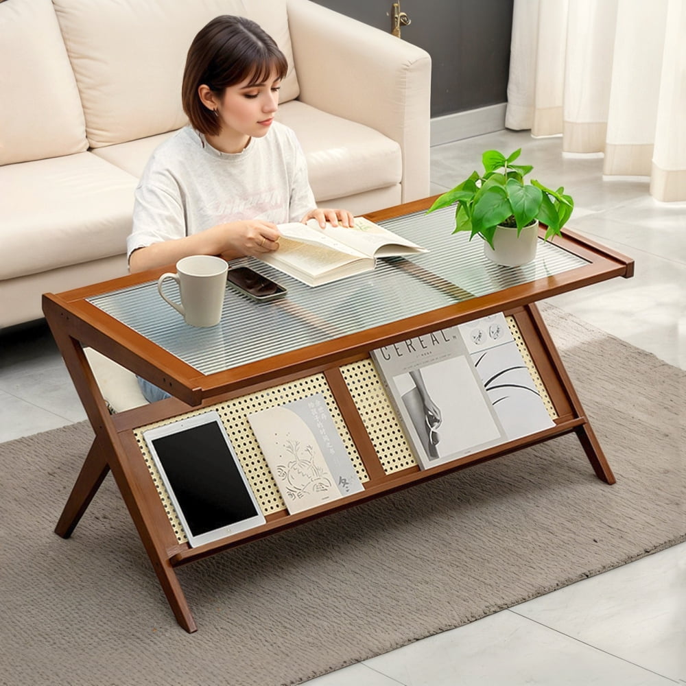 Rattan Coffee Tables for Living Room, Mid Century Modern Coffee Table with Glass Top, Large Boho Center Table with Storage, Brown