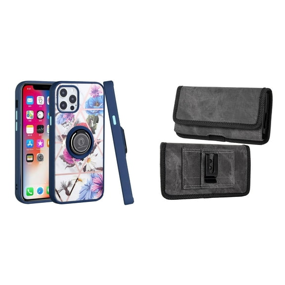 Bemz Ring Series Case for iPhone 14 Plus (TPU Silicone Cover with Magnetic Stand) and Rugged Denim Nylon Belt Holster Pouch (Blue Purple Flowers/Grey)