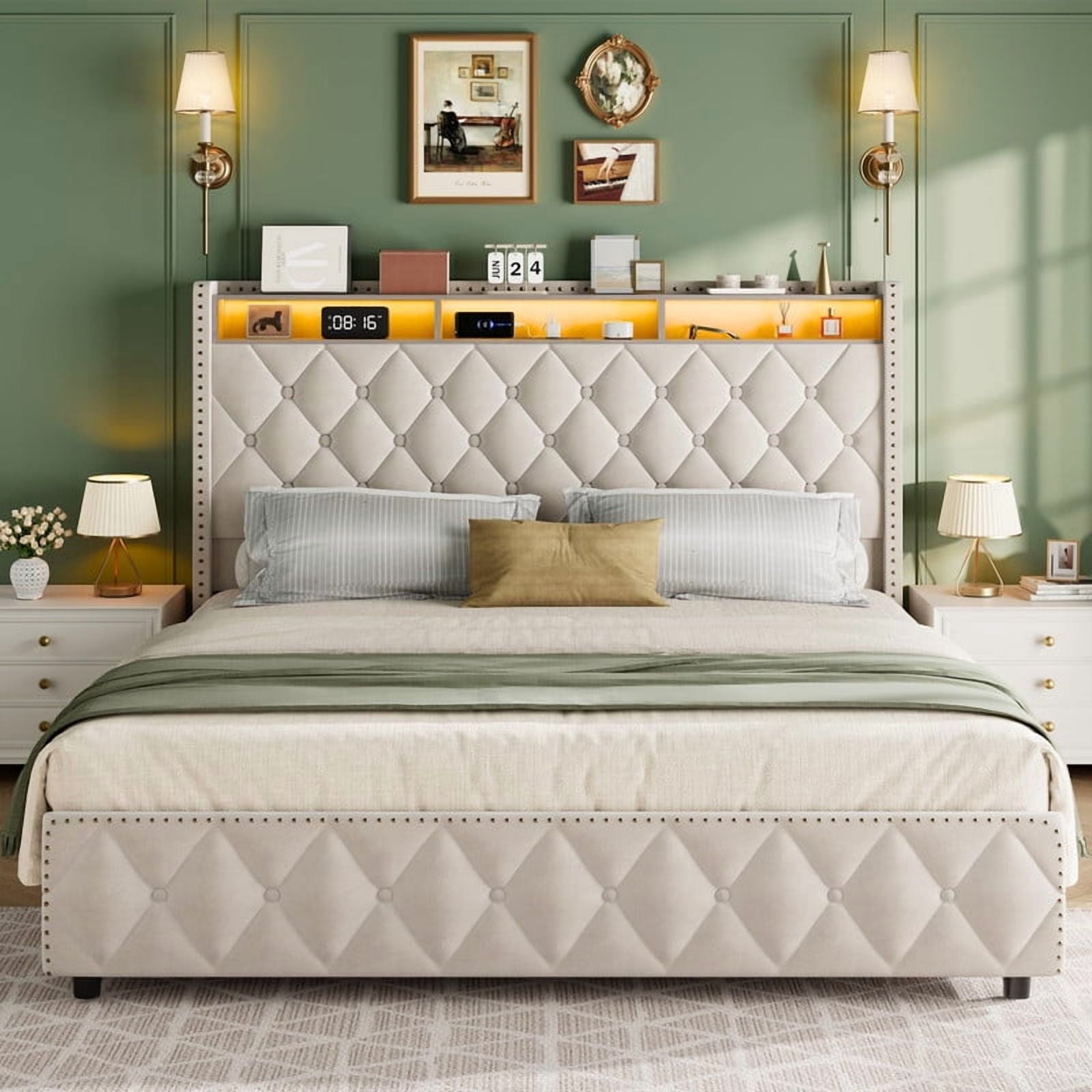 Towallmark Queen Size Bed Frame with 50.8" Tall Headboard, Platform Velvet Upholstered Bed Frame with 4 Storage Drawers, USB Charging Station, Led Lights, No Box Spring Needed, Easy Assembly,Gray