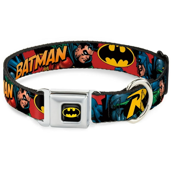 DC Comics Pet Collar, Dog Collar Metal Seatbelt Buckle, Batman Robin In Action Text Burgundy, 9.5 to 13 Inches 1.0 Inch Wide
