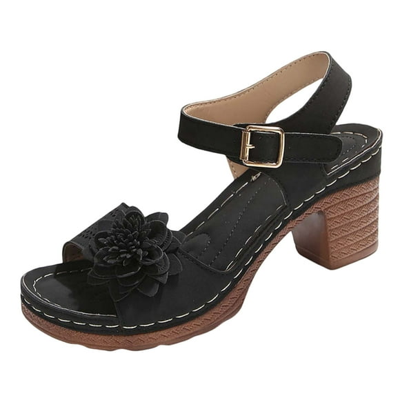 Puawkoer Women Summer Solid Women's Summer Sandals Women Flip Flop Flowers Buckle Strap Casual Comfy Sandals for Women Platform Sandals for Women Open Toe Square Heels Jelly Sandals for