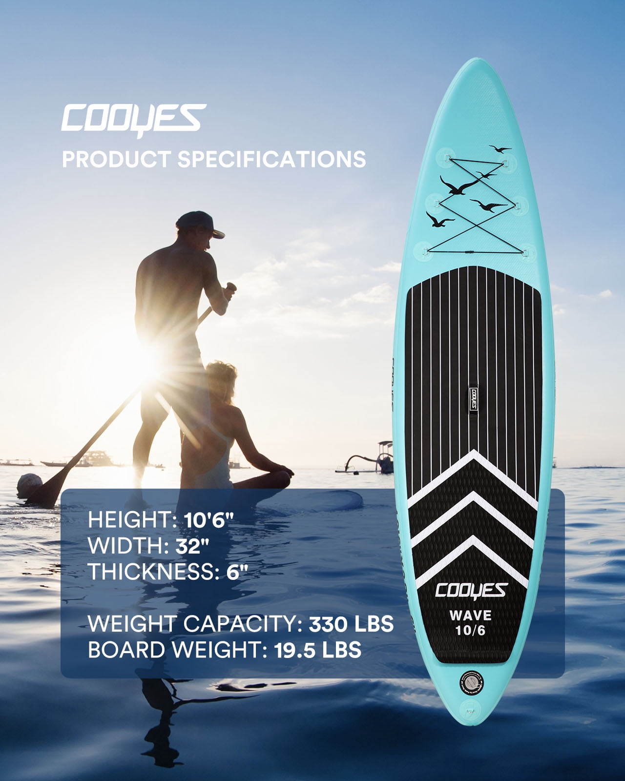 COOYES Inflatable Stand Up Paddle Board 10'6" with Free Premium SUP Accessories & Backpack, Non-Slip Deck. Bonus Waterproof Bag, Leash, Paddle and Hand Pump