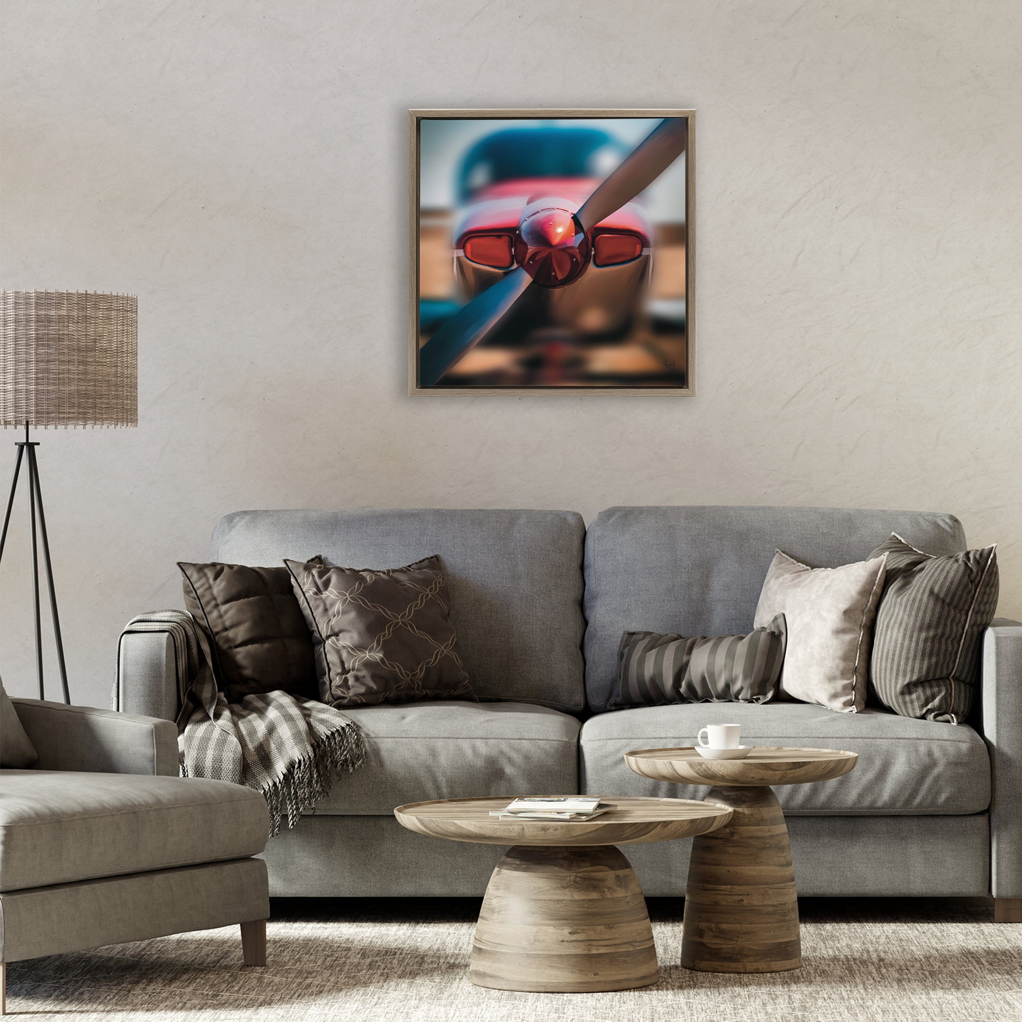 Stupell Industries Red Aircraft Propeller Brown Framed Floater Canvas Wall Art, design by Renel Peters