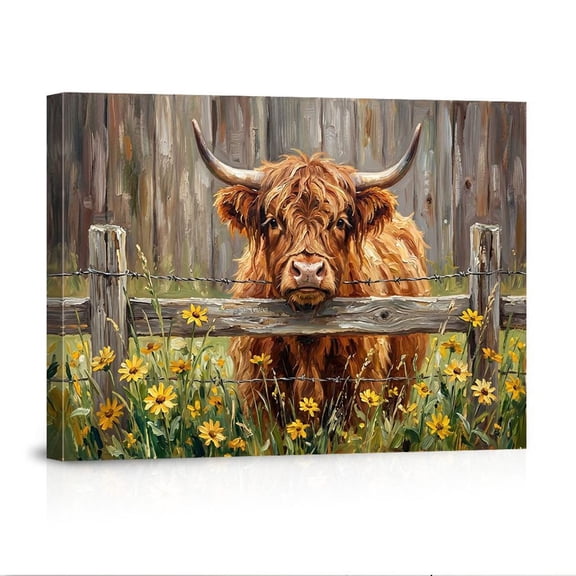 Highland Cow With Yellow Wildflowers Rustic Farmhouse For Living Room Bedroom Home Canvas