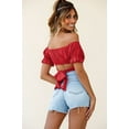 thumbnail image 3 of Women's Ruffle Short Sleeve Tie Up Back Crop Top Off Shoulder Bardot Blouse,Red,L, 3 of 6