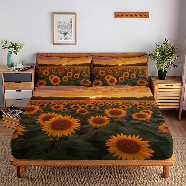2/3pcs Sunflower Fitted Sheet Set Children Adult Soft Cozy Bedding Set with Pillowcase,Queen (60"x80")