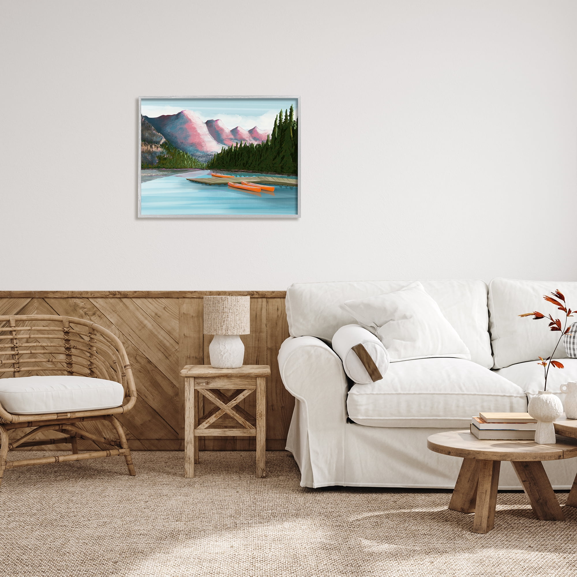 Stupell Calming Lake Camp Nature Canoes Landscape Painting Gray Framed Art Print Wall Art