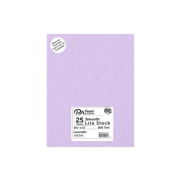 Accent Design Paper Accents Lite Stock 8.5x11 60lb, 25pc, Lavender, Colored Cardstock Paper For Card Making, Scrapbooking, Printing, Quilling and Crafts