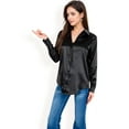 thumbnail image 7 of Women's Satin Button-Up Blouse with Collared Neck and Long Sleeves - Medium, Black, 7 of 7