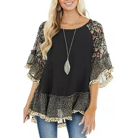 Musuos Women's Half Sleeve Blouse, Casual Leopard Floral Printed Patchwork Round Neck Loose Fit Tops