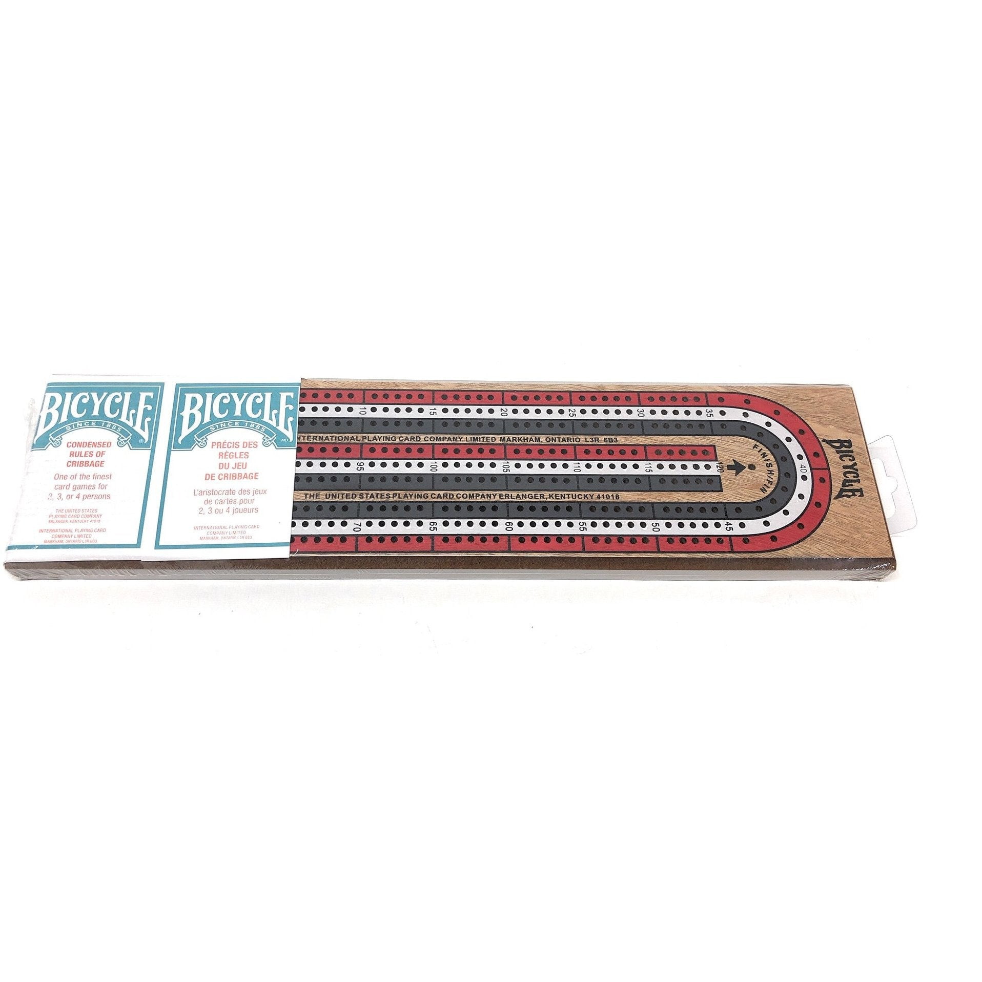 Bicycle Wooden Cribbage Board with 3 Track Colors and Wooden Pegs