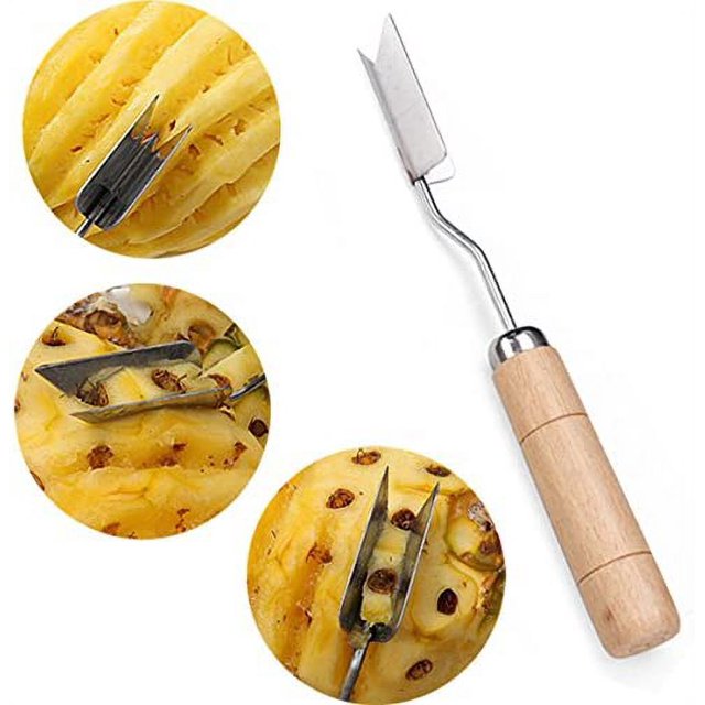 Pelador de piña de acero inoxidable, cuchillo triangular para piña con mango de madera, pelador de piña en forma de V de 17cm