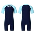 thumbnail image 2 of iiniim Girls One Piece Surfing Wetsuit Zip Front Shorts Swimsuit UV Sun Protection Rash Guard Swimwear Navy Blue&Sky Blue 14, 2 of 8