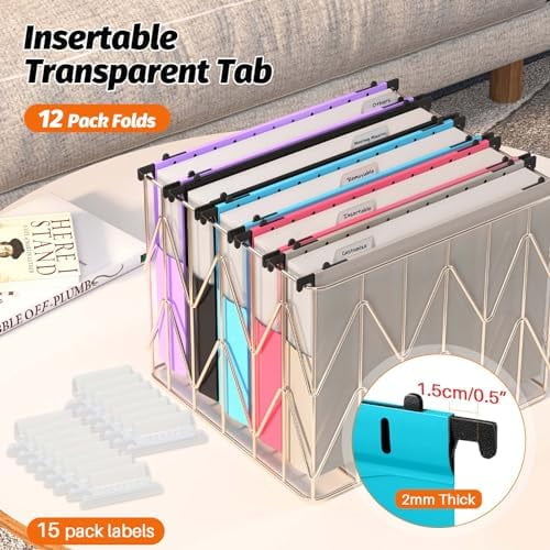 Extra Capacity Plastic Hanging File Folders,12 Pack Reinforced Expanding Hang Folder Letter Size,Accordian Pocket,Heavy Duty 2 Inch Expansion,Hanging Folder Organizer for Office Home,Assorted Colors