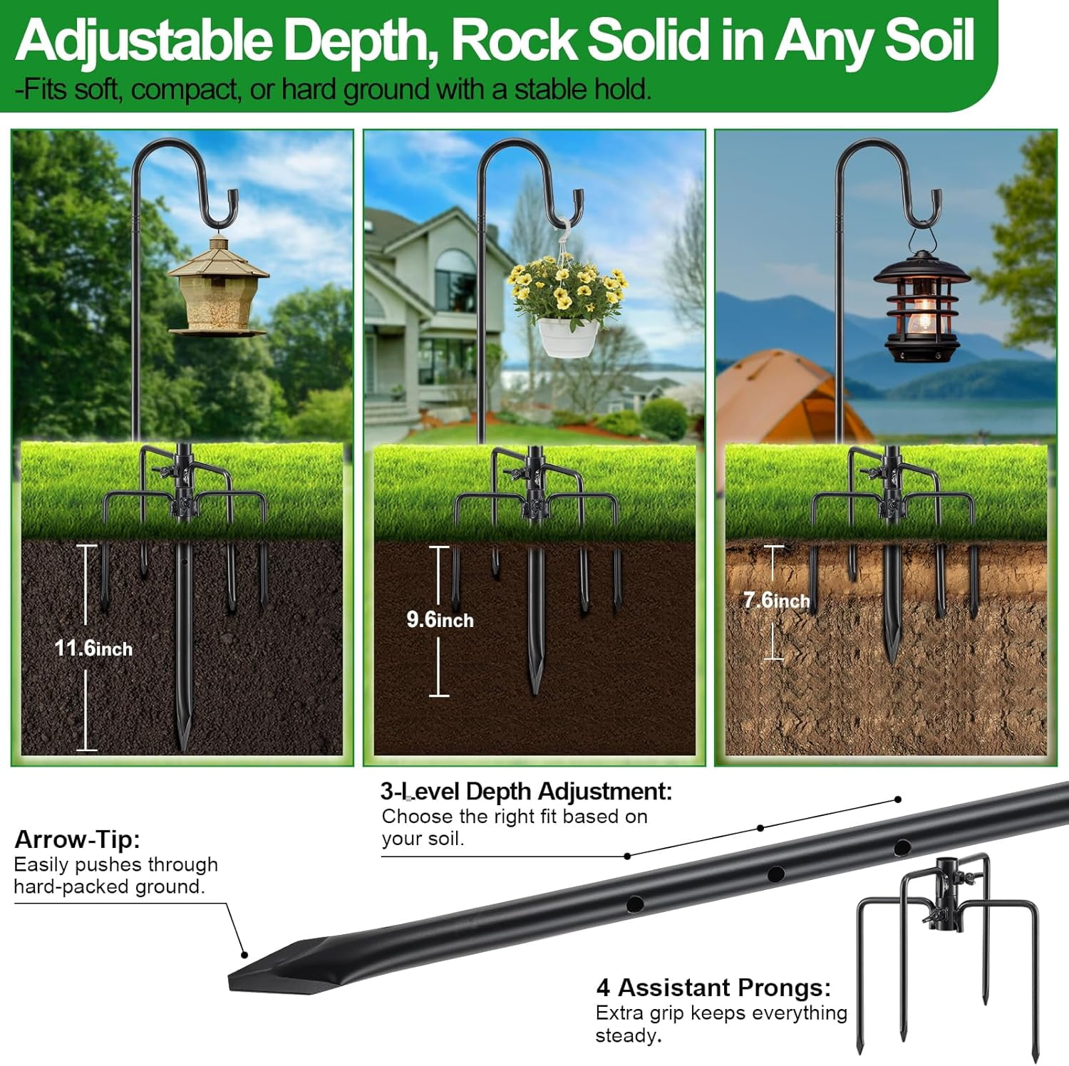 Bird Feeder Pole with Shepherd’S Hook - 78" Heavy Duty Hummingbird Stand with 5-Prong,Rustproof Bird Feeder Hangers for Outside Hanging Birdfeeders, Wind Chimes, Lanterns, Solar Lights - Black