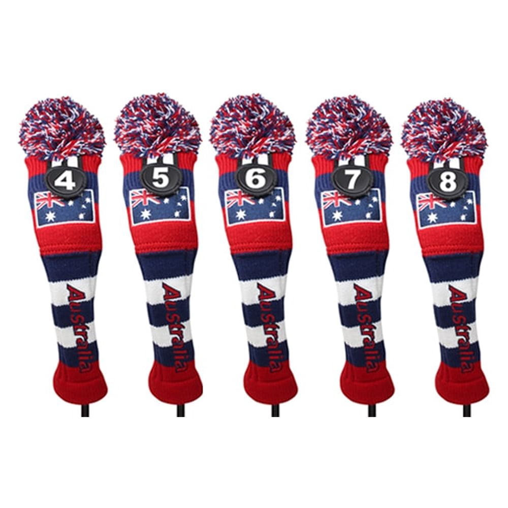Majek Golf Australia 4 5 6 7 8 Hybrid Set Headcovers Pom Pom Knit Limited Edition Vintage Classic Traditional Flag Retro Head Cover 4-8 Set