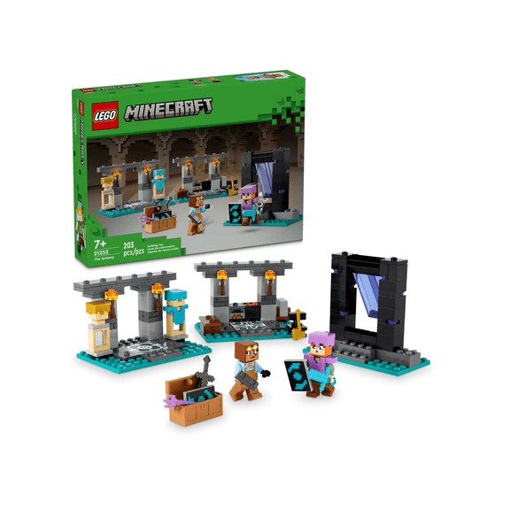 LEGO Minecraft 21252 The Armory Building Set – 203-Piece Block Kit with Alex & Armorsmith Figures, Weapons, Forge & Nether Portal