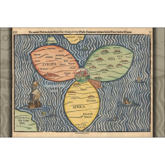 24"x36" Gallery Poster, 1581 Bunting clover leaf world map