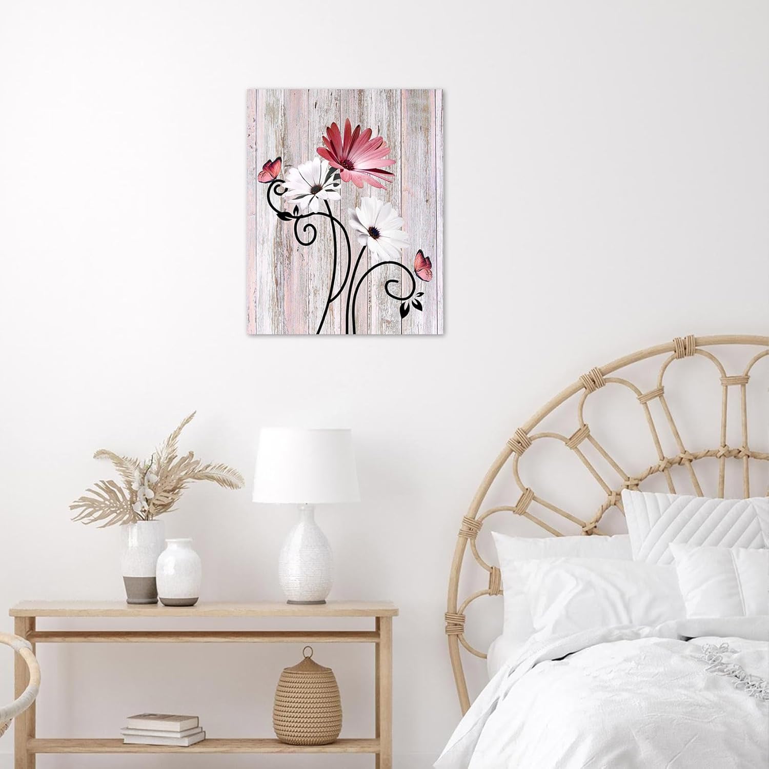 Floral Canvas Wall Art - Daisy & Butterfly Botanical Wall Decor, Rustic Farmhouse Pictures for Living Room, Bedroom, Bathroom & Home Office