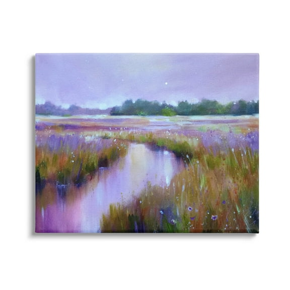 Vivid Purple Dusk Rural Stream Landscape Painting Gallery Wrapped Canvas Print Wall Art