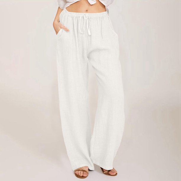 WILLBEST Pantalones Casuales de Mujer, Pantalones Anchos, Cintura Larga, Cordón Ajustable, Lino, Elásticos, Pierna Lisa, Cómodos para Uso Diario. XXXL