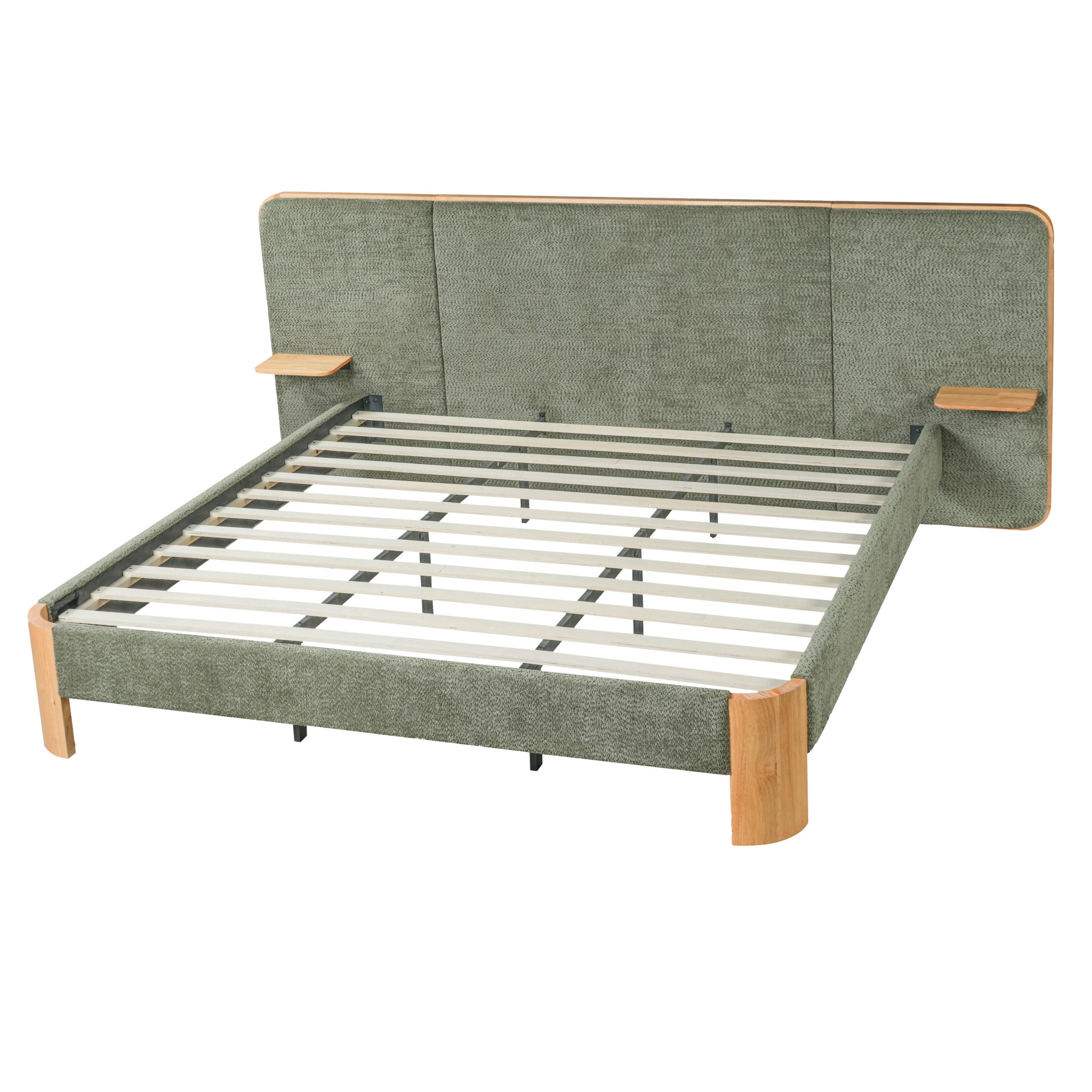 Christopher Knight Home King Upholstered Platform Bed Frame with Floating Shelves, Green and Natural