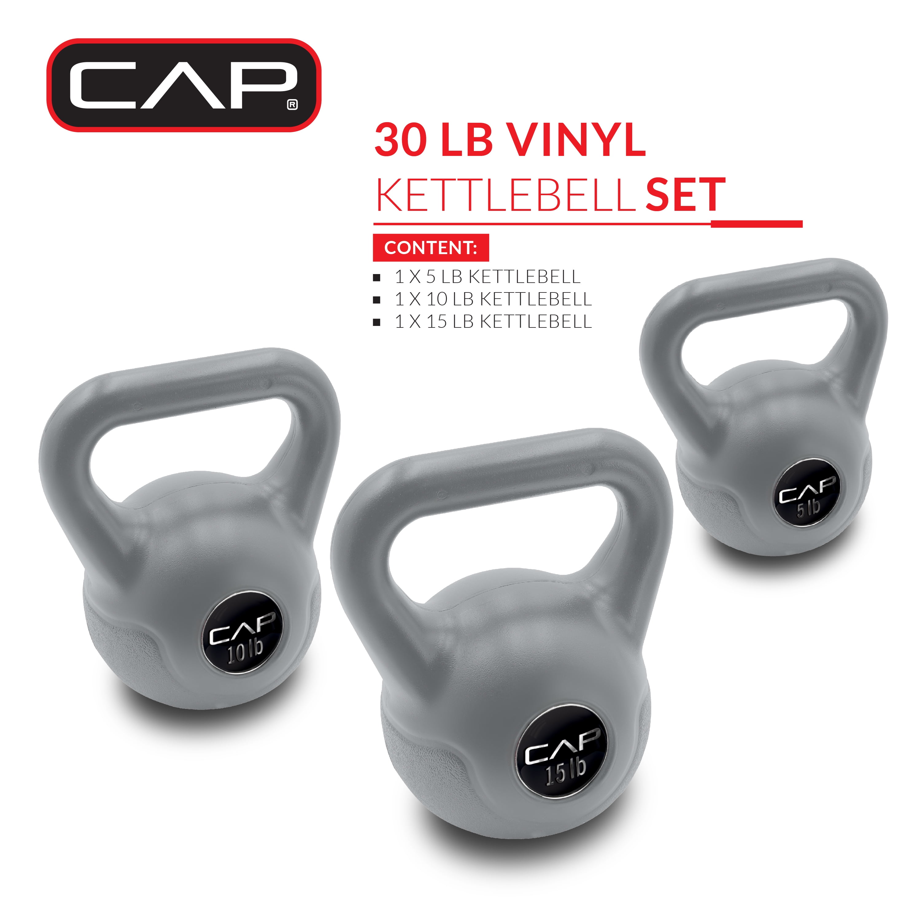 CAP Barbell 30lb Vinyl Kettlebell Set (5, 10, 15 lbs), Gray