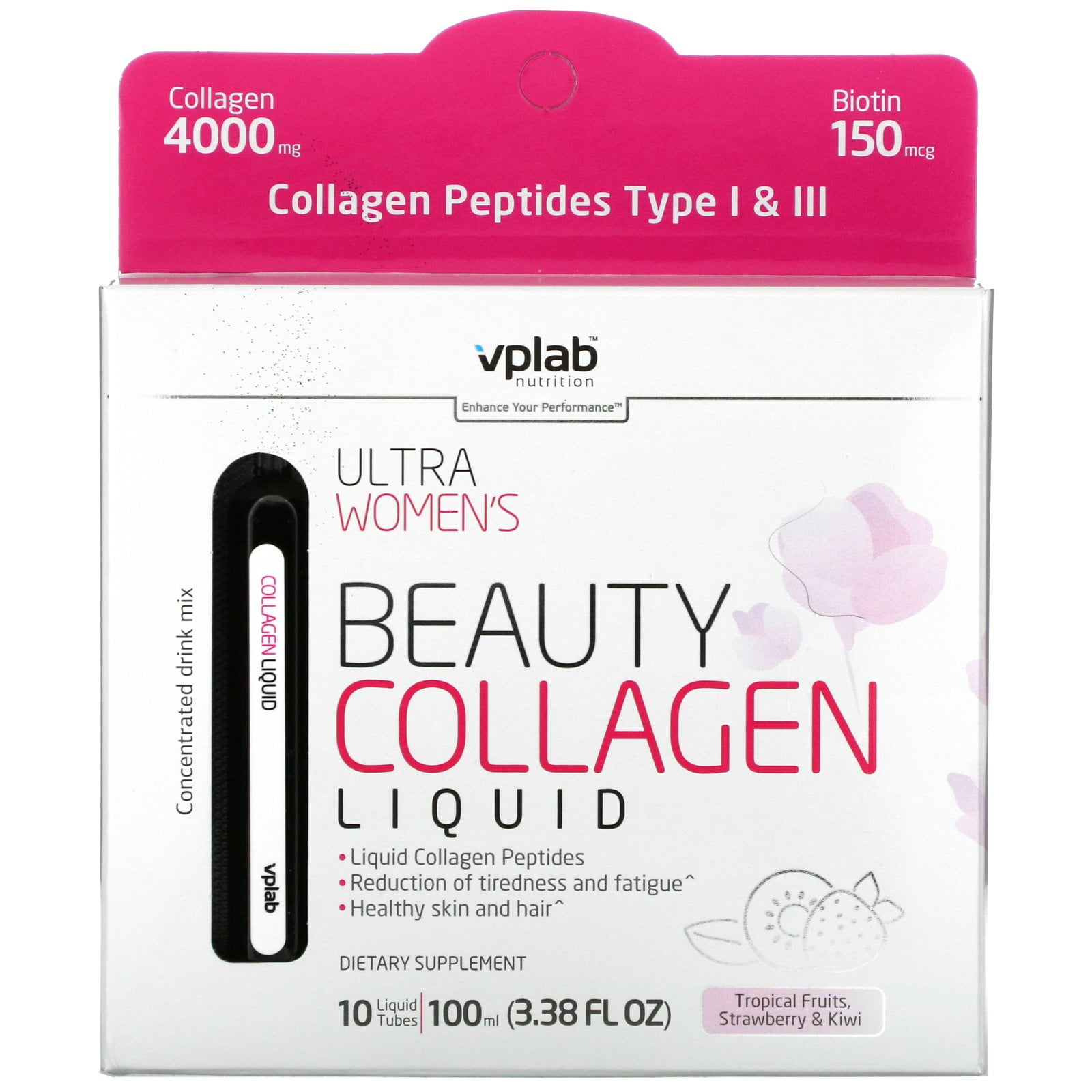 Ultra Women's Beauty Collagen Liquid, Tropical Fruits, Strawberry & Kiwi , 4,000 mg, 10 Liquid Tubes, Vplab