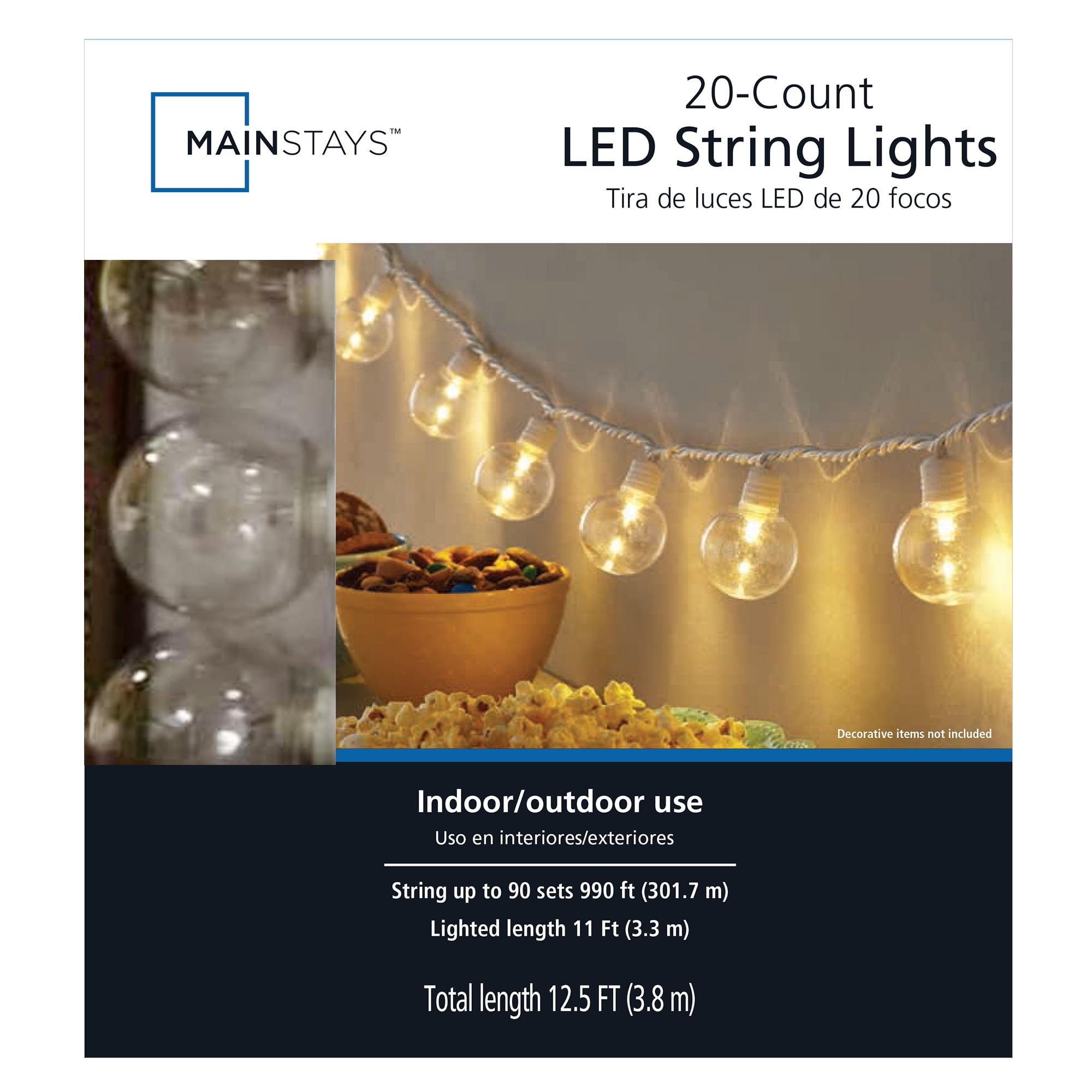 (3 pack) Mainstays 20-Count Indoor Outdoor Warm White LED G40 Globe Lights, with White Wire