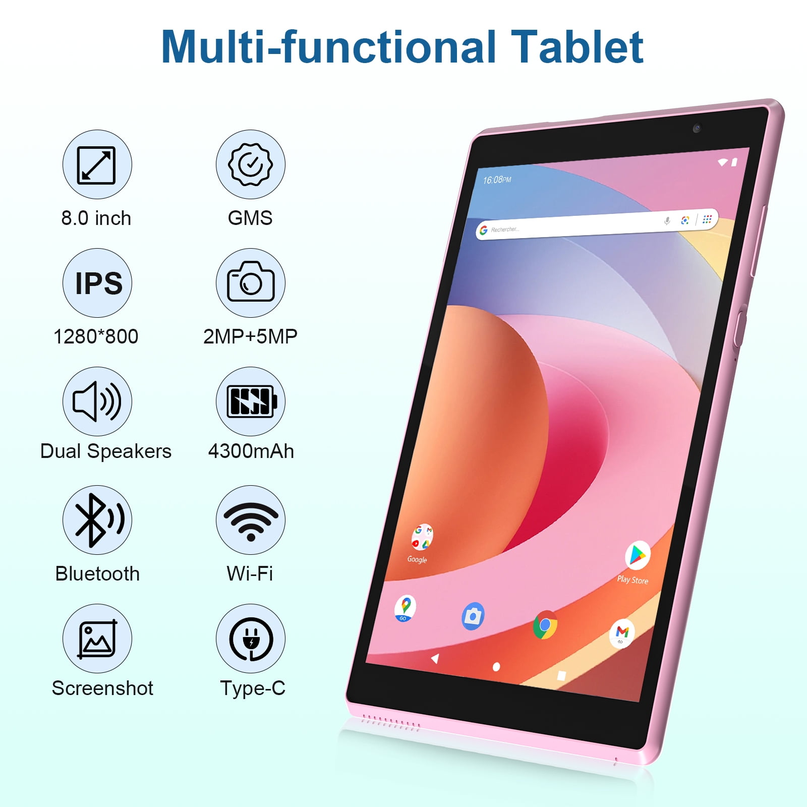Android Tablet 8 inch, Android 12 Tablet, 4GB RAM 32GB ROM, Quad-Core Processor, Dual Camera, WiFi, 128GB Expand, Game, GMS Certified Tablets(Pink)
