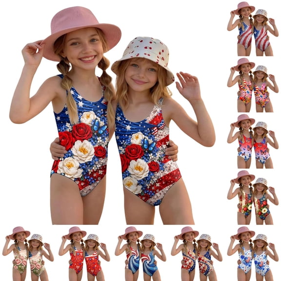 Swimsuit for Child Girls Size 7-8 One Piece Swimsuit Summer Patriotic American Flag Floral Print Swimsuits Swimming Sleeveless Beach Vacation Freedom Cute Bathing Suits Royal Blue 7-8 Years