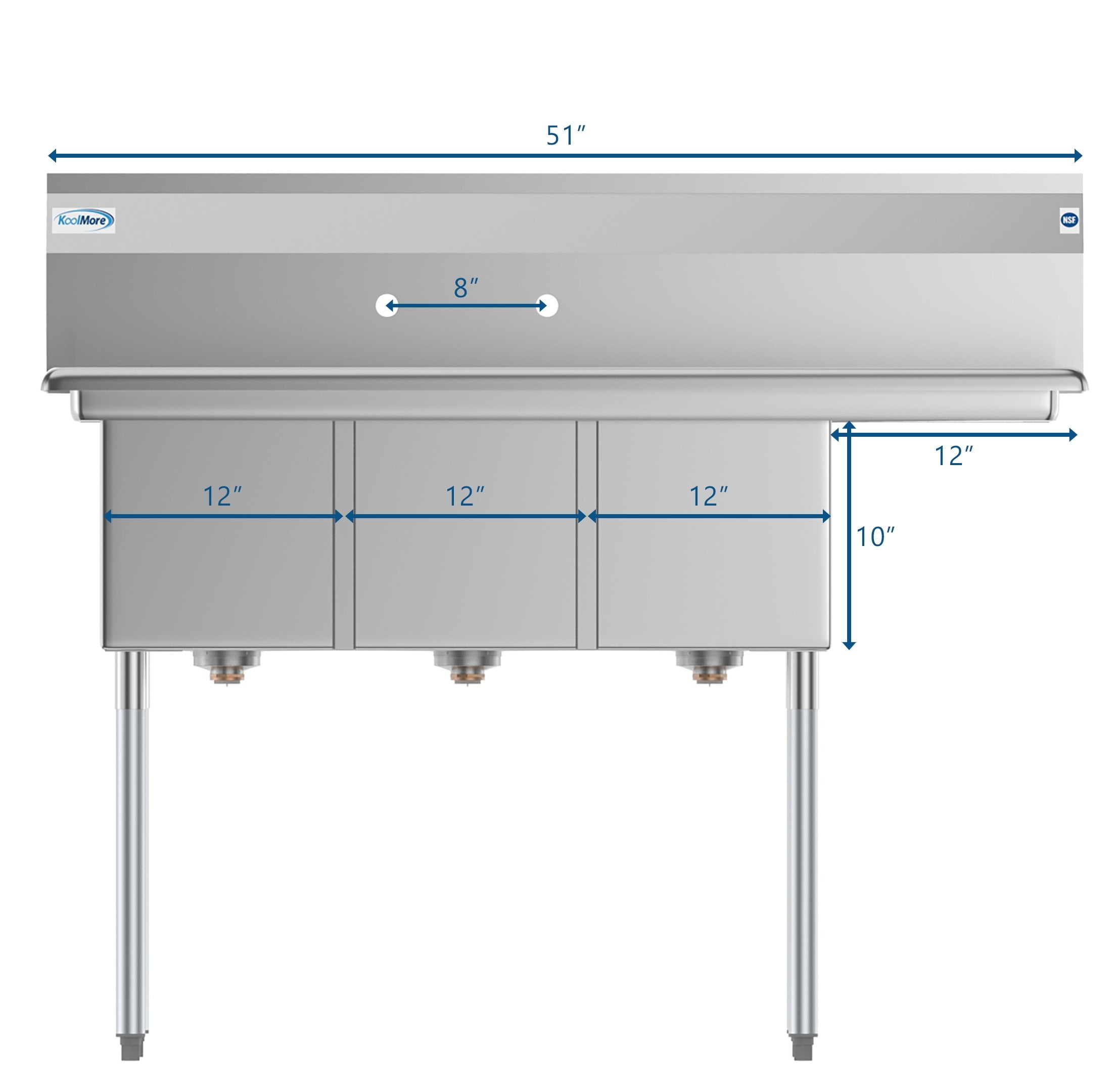 3 Compartment 51" Stainless Steel Commercial Kitchen Sink with Drainboard - Bowl Size 12" x 16" x 10"