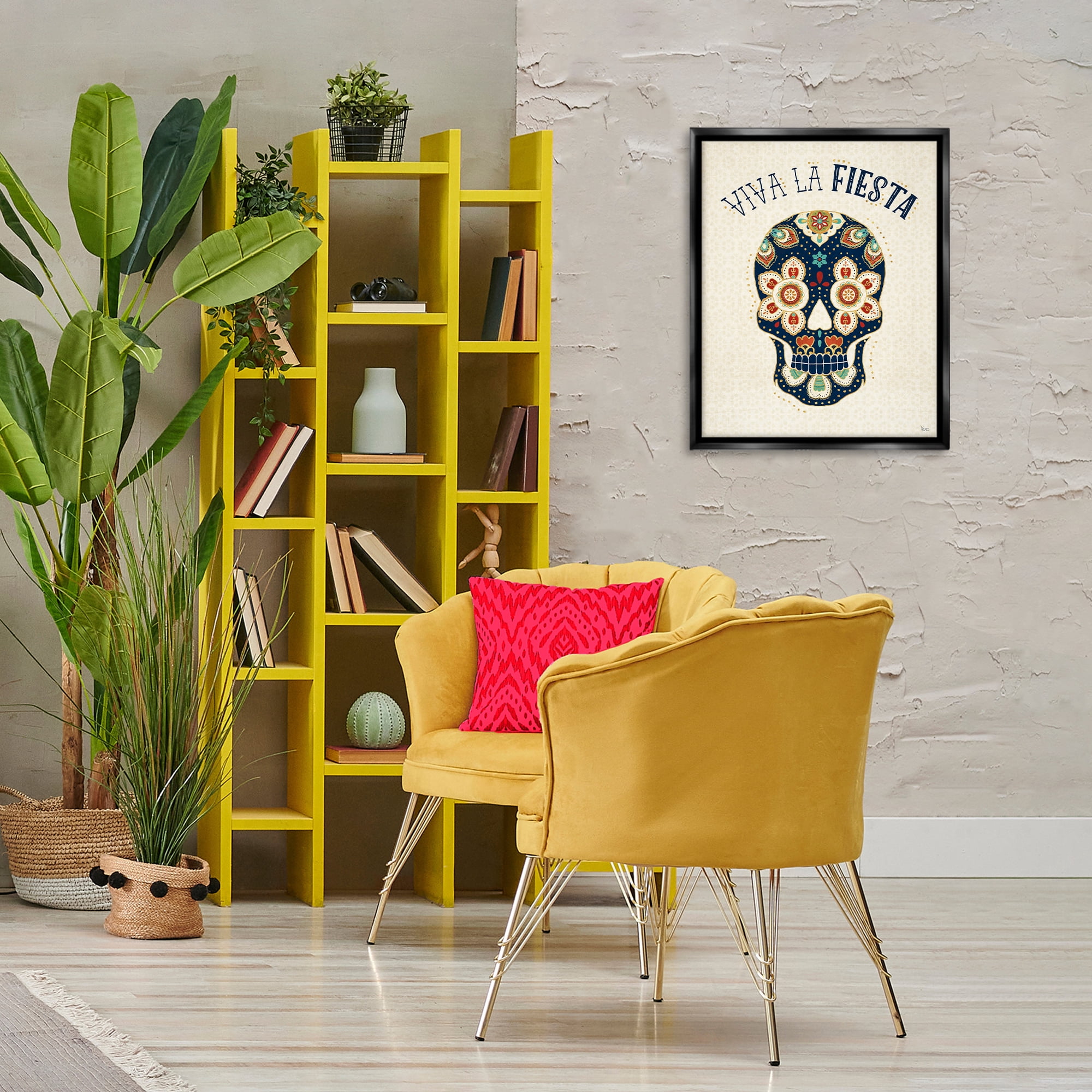 Stupell Industries Viva la Fiesta Calavera Inspirational Quotes & Sayings Painting Black Floater Framed Art Print Wall Art, 17 x 21
