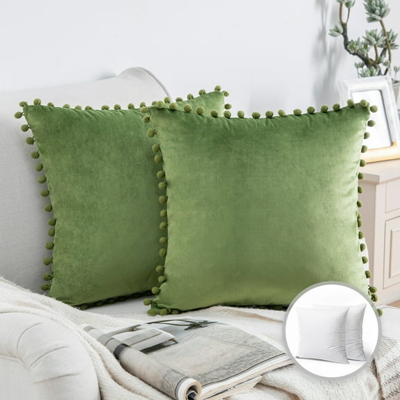 Phantoscope Throw Pillow with Insert,Silky Velvet Series Pom Pom Decorative pillow, 20" x 20", Green, 2 Pack