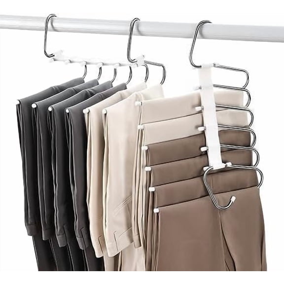 Upgraded Collapsible Pants Hangers Space Saving, 6 Layers Clothes Rack, Stainless Steel Multifunctional Closet Organizer, Non Slip Metal Hangers for Pants Jeans Skirts Trousers (1 Pack)