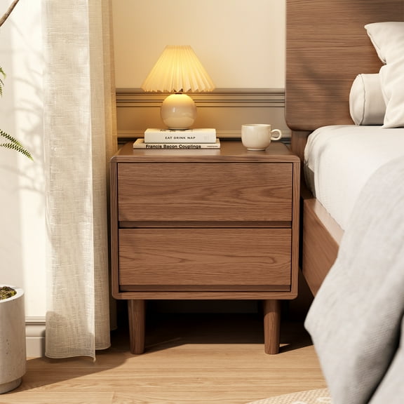 Muwuele Solid Wood Nightstand, Walnut Nightstand with 2 Drawers, Mid Century Modern Night Stand, Small Bedside Table for Bedroom, Dorm and Living Room