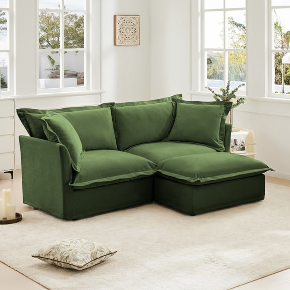 Deep Seat 2 Seater Sofa Couch, Chenille Loveseat Sofa with Slip-cover and Ottoman, L Shaped Couch with Back Cushion and Pillow, Mid Century Sleeper Sofa Chair for Living Room, Apartment, Green