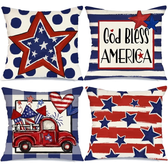 4th of July Decorations Pillow Covers 18 x 18 Set of 4 Star and Stripe Truck Buffalo Plaid Throw Pillow Covers Patriotic Pillows Independence Memorial Day Decor Cushion Case G324-18