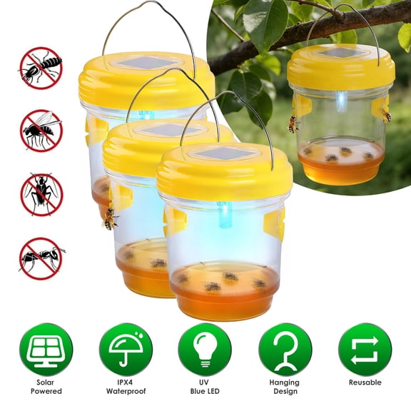 Moclever 3Pcs Solar Wasp Traps Outdoor Hanging Wasp Catcher with Light for Paper Wasps Yellow Jackets Small Hornets Fruit Flies House Flies