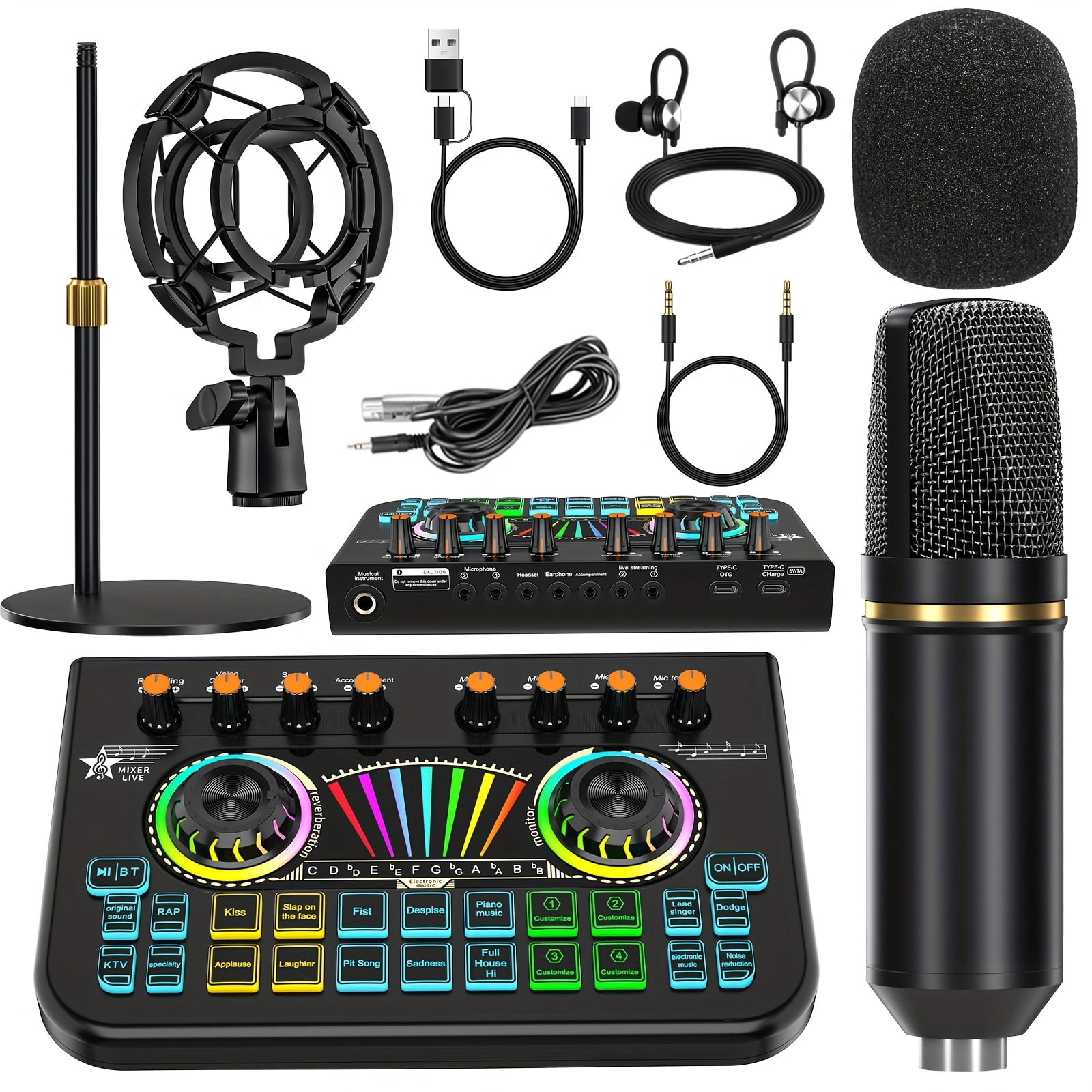Professional Mic Mixer Set for Podcast Singing Gaming DJ - Studio Recording Controller with Wireless Microphone, Karaoke Machine & Dynamic Condenser Mic
